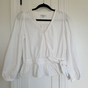 Madewell Puff-Sleeve Peplum Wrap Top in Pure White